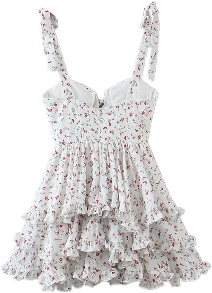 Women Retro Bandage Tie Bow Spaghetti Strap Mini Dress V Neck Spliced Ruffles Floral Holiday Robe