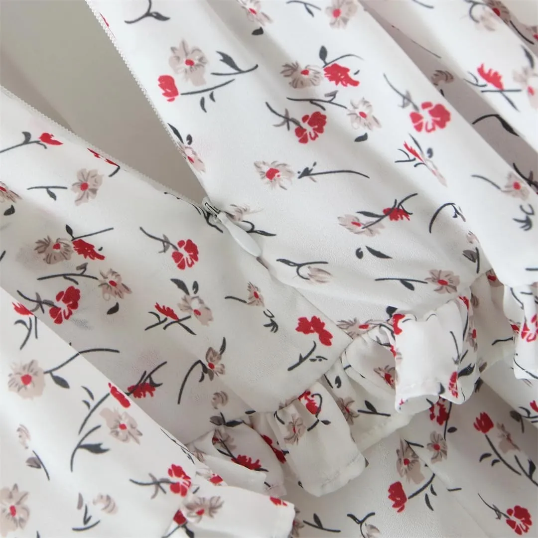 Women Retro Bandage Tie Bow Spaghetti Strap Mini Dress V Neck Spliced Ruffles Floral Holiday Robe