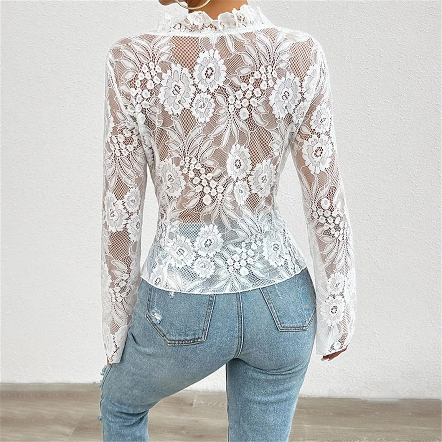 Women Sexy Floral Lace Cardigan Sheer V Neck Tie Front Cardigan Ruffle Trim Long Sleeve Open Front See Through Top