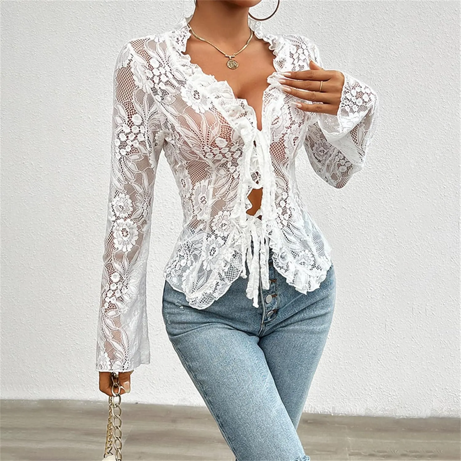 Women Sexy Floral Lace Cardigan Sheer V Neck Tie Front Cardigan Ruffle Trim Long Sleeve Open Front See Through Top