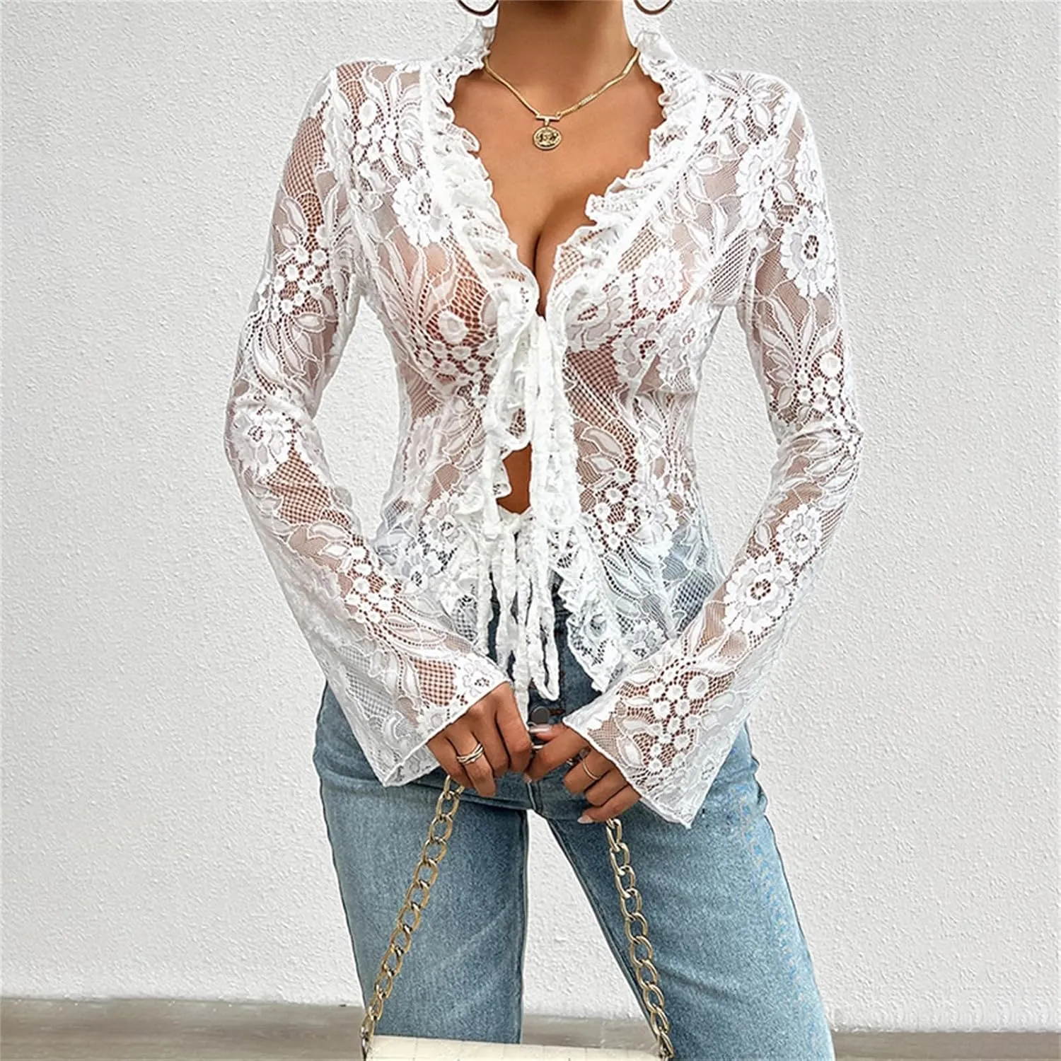 Women Sexy Floral Lace Cardigan Sheer V Neck Tie Front Cardigan Ruffle Trim Long Sleeve Open Front See Through Top