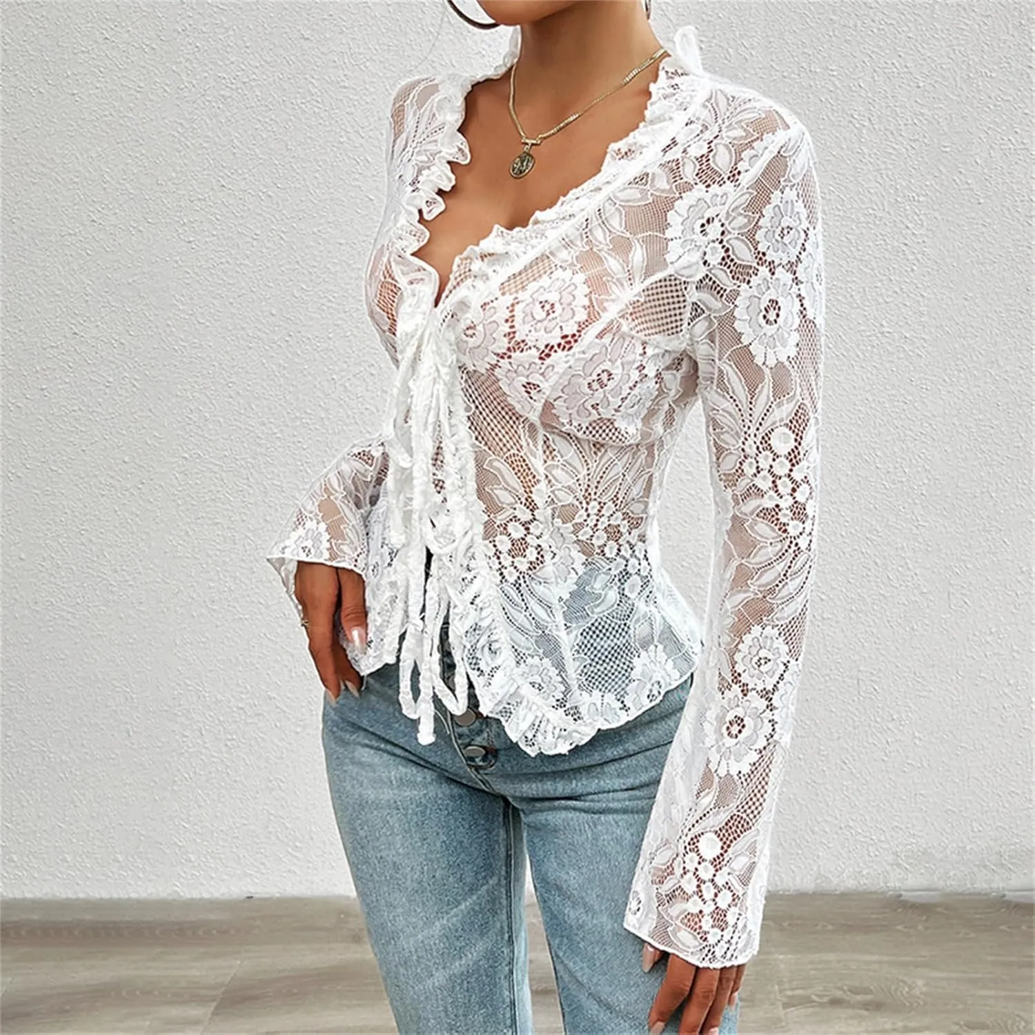 Women Sexy Floral Lace Cardigan Sheer V Neck Tie Front Cardigan Ruffle Trim Long Sleeve Open Front See Through Top