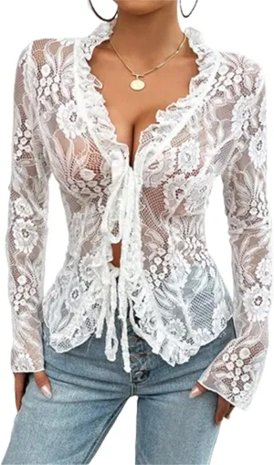 Women Sexy Floral Lace Cardigan Sheer V Neck Tie Front Cardigan Ruffle Trim Long Sleeve Open Front See Through Top