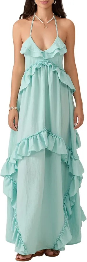 Women Sexy Sleeveless Halter Neck Ruffle Maxi Dress Backless Bodycon Long Dress Summer Vacation Beach Sundress