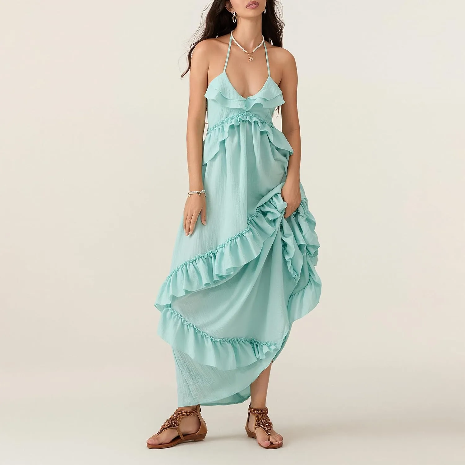 Women Sexy Sleeveless Halter Neck Ruffle Maxi Dress Backless Bodycon Long Dress Summer Vacation Beach Sundress
