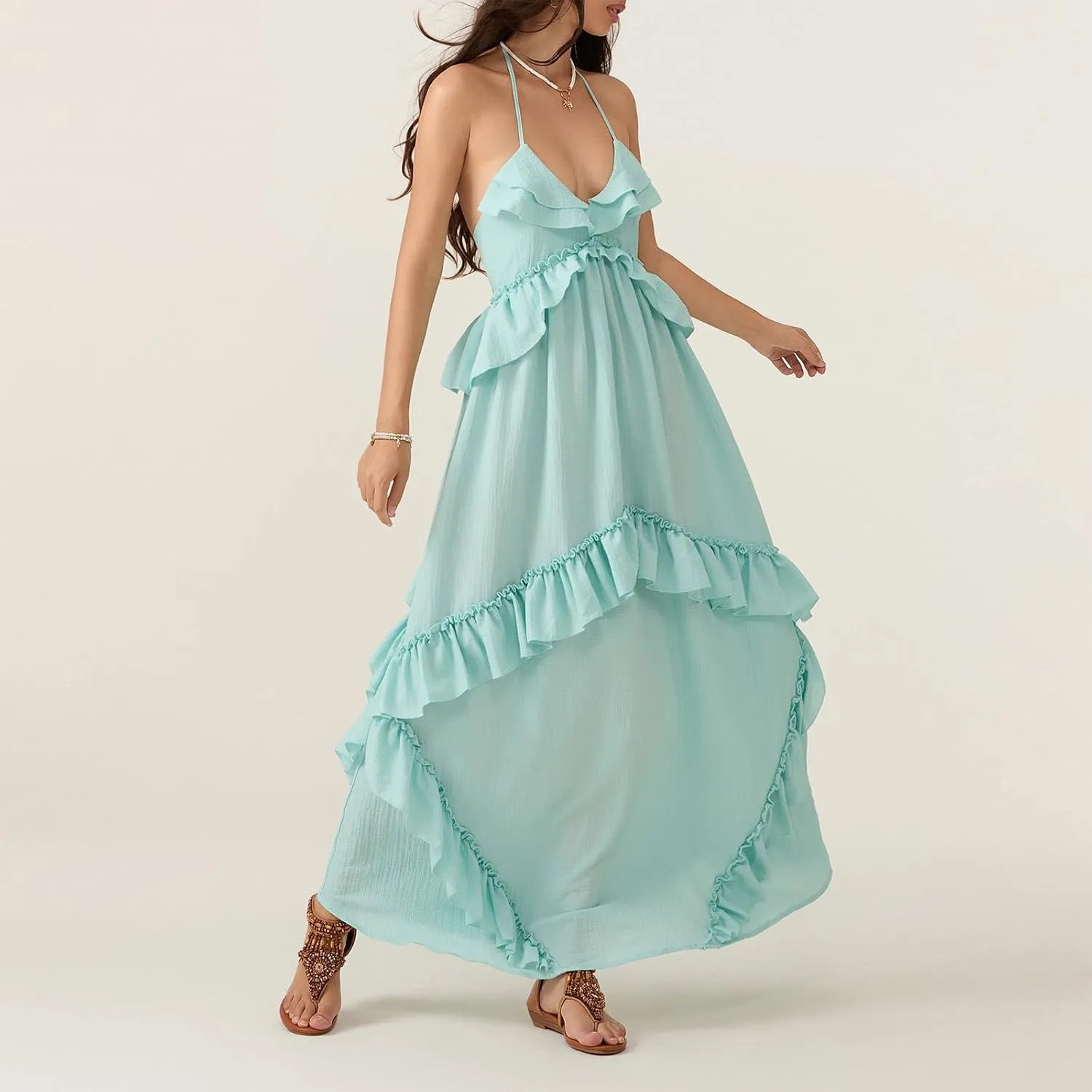 Women Sexy Sleeveless Halter Neck Ruffle Maxi Dress Backless Bodycon Long Dress Summer Vacation Beach Sundress
