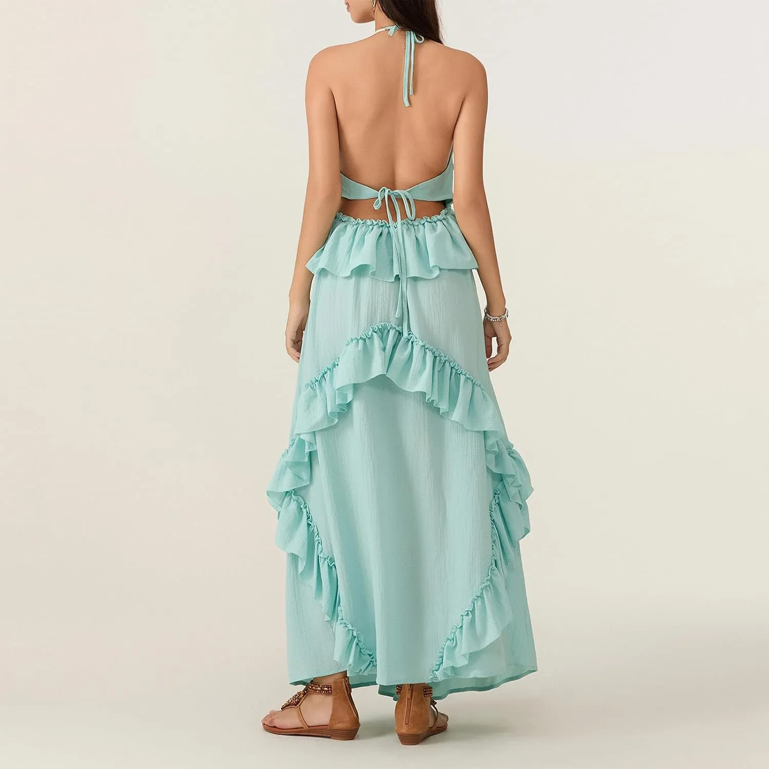 Women Sexy Sleeveless Halter Neck Ruffle Maxi Dress Backless Bodycon Long Dress Summer Vacation Beach Sundress