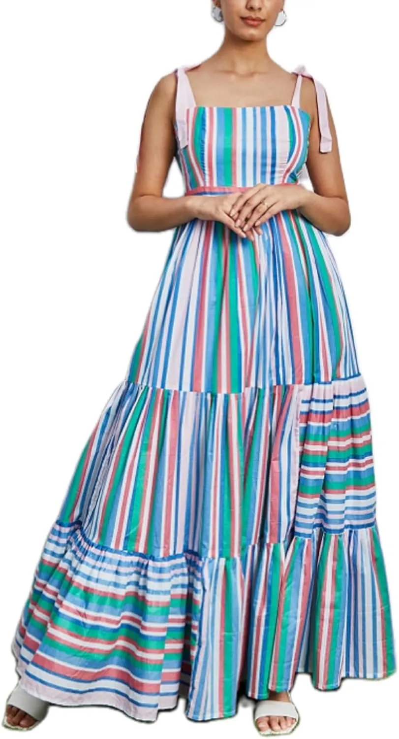 Women Striped Maxi Dress Tie Shoulder Strap Tiered Sundress Boho Flowy Sleeveless Long Dress Summer Beach Dress