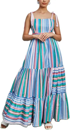 Women Striped Maxi Dress Tie Shoulder Strap Tiered Sundress Boho Flowy Sleeveless Long Dress Summer Beach Dress