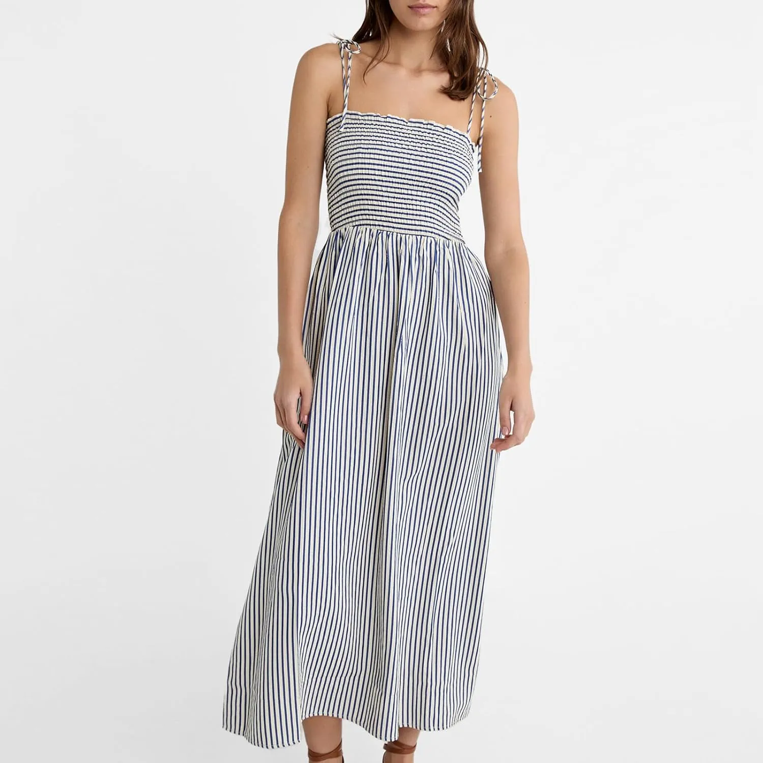 Women Striped Maxi Dress Tie Shoulder Strap Tiered Sundress Boho Flowy Sleeveless Long Dress Summer Beach Dress