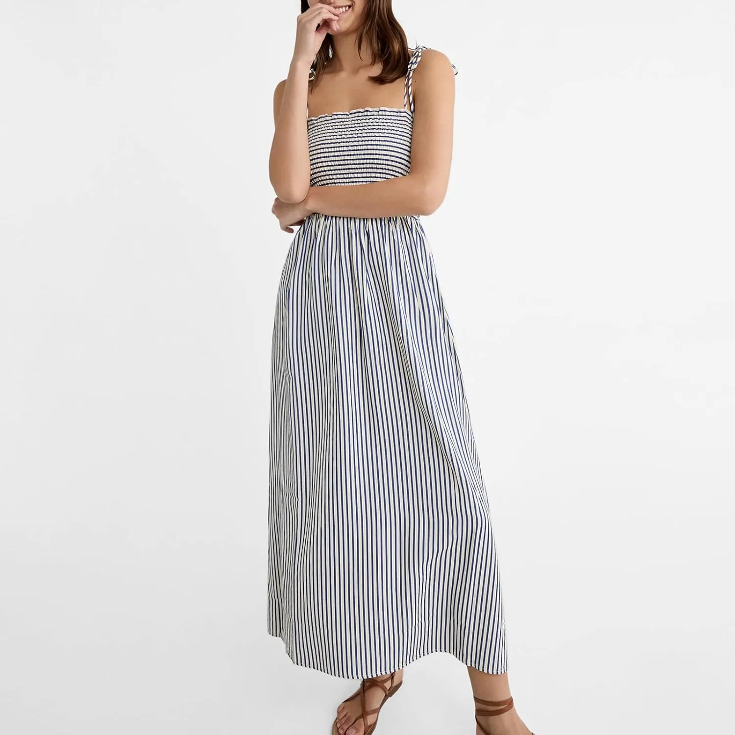 Women Striped Maxi Dress Tie Shoulder Strap Tiered Sundress Boho Flowy Sleeveless Long Dress Summer Beach Dress