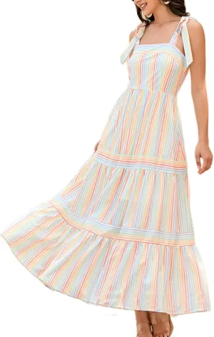 Women Striped Maxi Dress Tie Shoulder Strap Tiered Sundress Boho Flowy Sleeveless Long Dress Summer Beach Dress