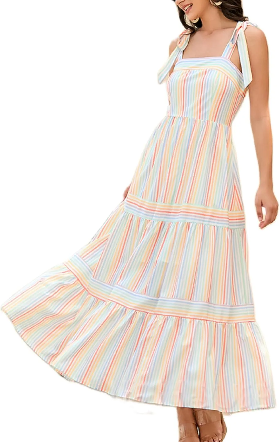 Women Striped Maxi Dress Tie Shoulder Strap Tiered Sundress Boho Flowy Sleeveless Long Dress Summer Beach Dress