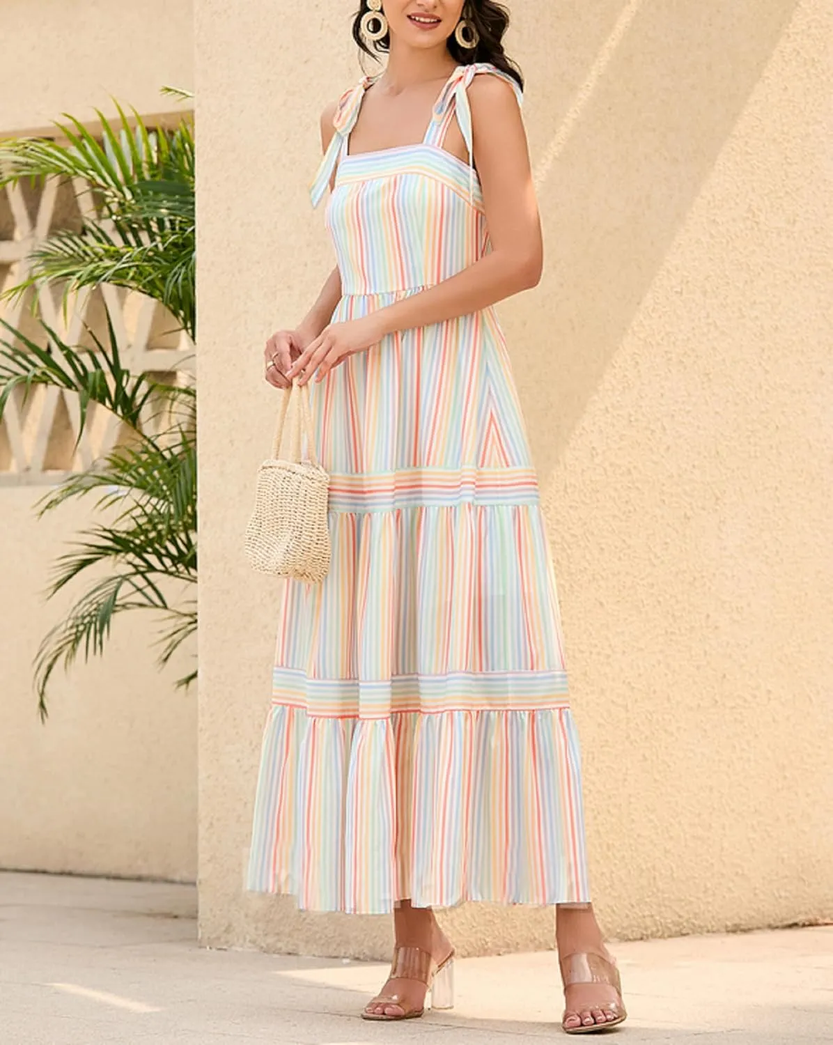Women Striped Maxi Dress Tie Shoulder Strap Tiered Sundress Boho Flowy Sleeveless Long Dress Summer Beach Dress