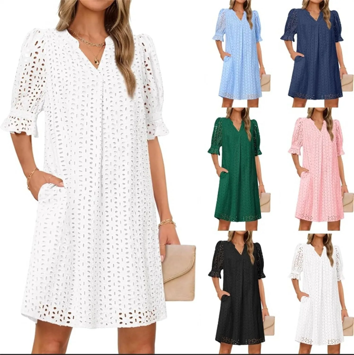 Women Summer Hollow Out Mini Dress Short Sleeve V Neck A-Line Summer Ruffle Hem Floral Eyelet Beach Party Short Sundress