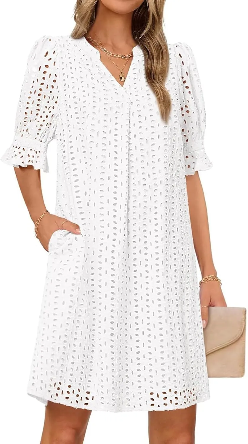 Women Summer Hollow Out Mini Dress Short Sleeve V Neck A-Line Summer Ruffle Hem Floral Eyelet Beach Party Short Sundress