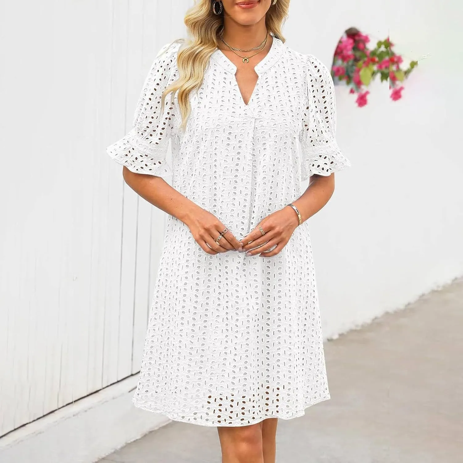 Women Summer Hollow Out Mini Dress Short Sleeve V Neck A-Line Summer Ruffle Hem Floral Eyelet Beach Party Short Sundress