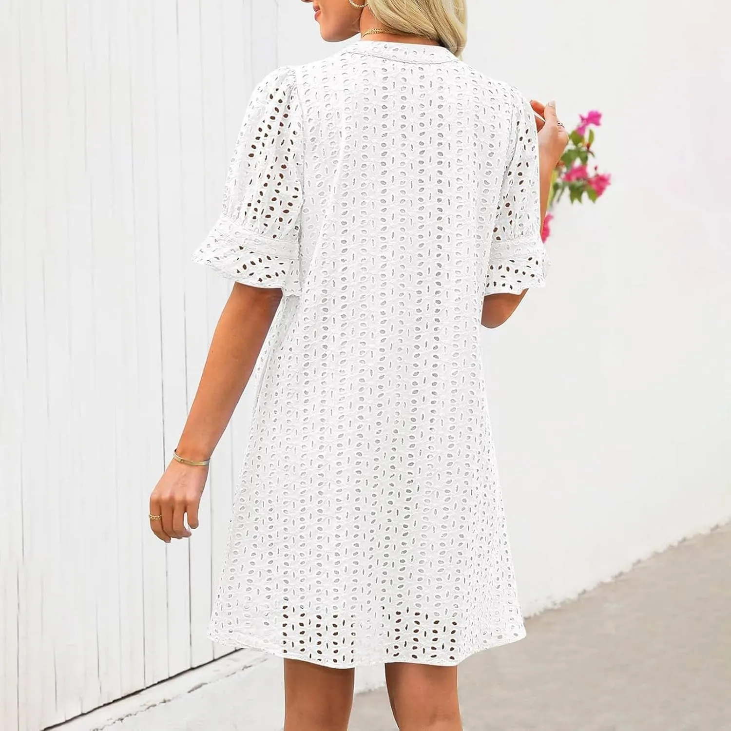 Women Summer Hollow Out Mini Dress Short Sleeve V Neck A-Line Summer Ruffle Hem Floral Eyelet Beach Party Short Sundress