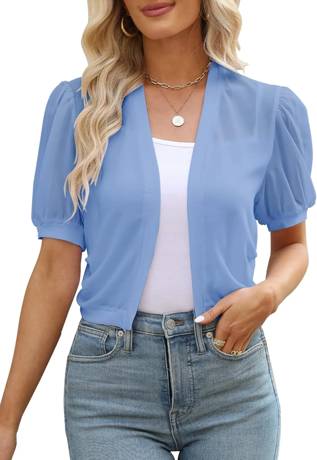 Women Summer Open Front Sheer Short Sleeve Ruffle Cropped Chiffon Capes Bolero Shrug Cardigan