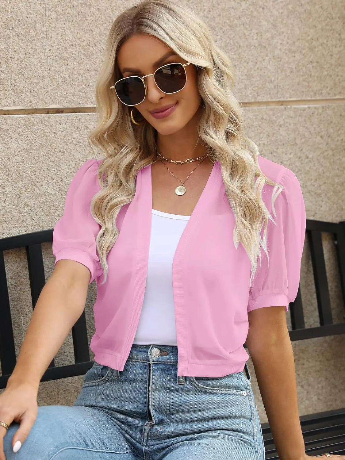 Women Summer Open Front Sheer Short Sleeve Ruffle Cropped Chiffon Capes Bolero Shrug Cardigan