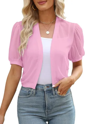 Women Summer Open Front Sheer Short Sleeve Ruffle Cropped Chiffon Capes Bolero Shrug Cardigan