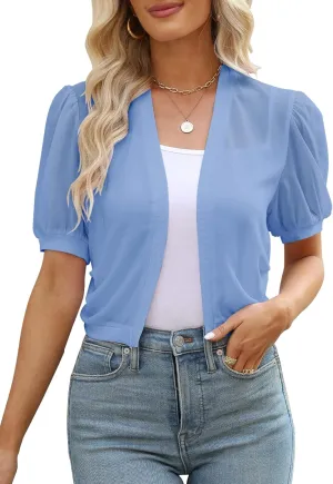 Women Summer Open Front Sheer Short Sleeve Ruffle Cropped Chiffon Capes Bolero Shrug Cardigan
