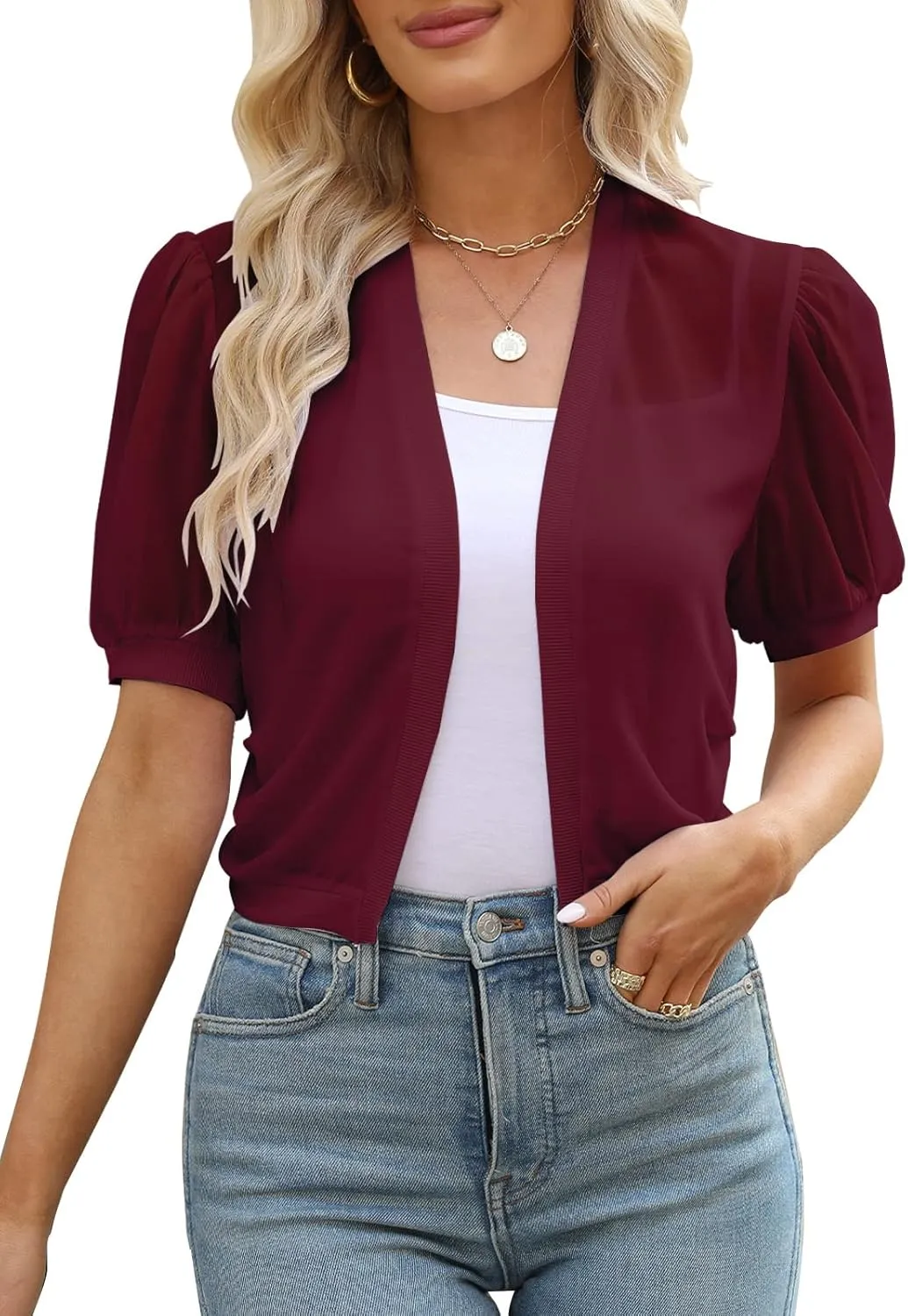 Women Summer Open Front Sheer Short Sleeve Ruffle Cropped Chiffon Capes Bolero Shrug Cardigan
