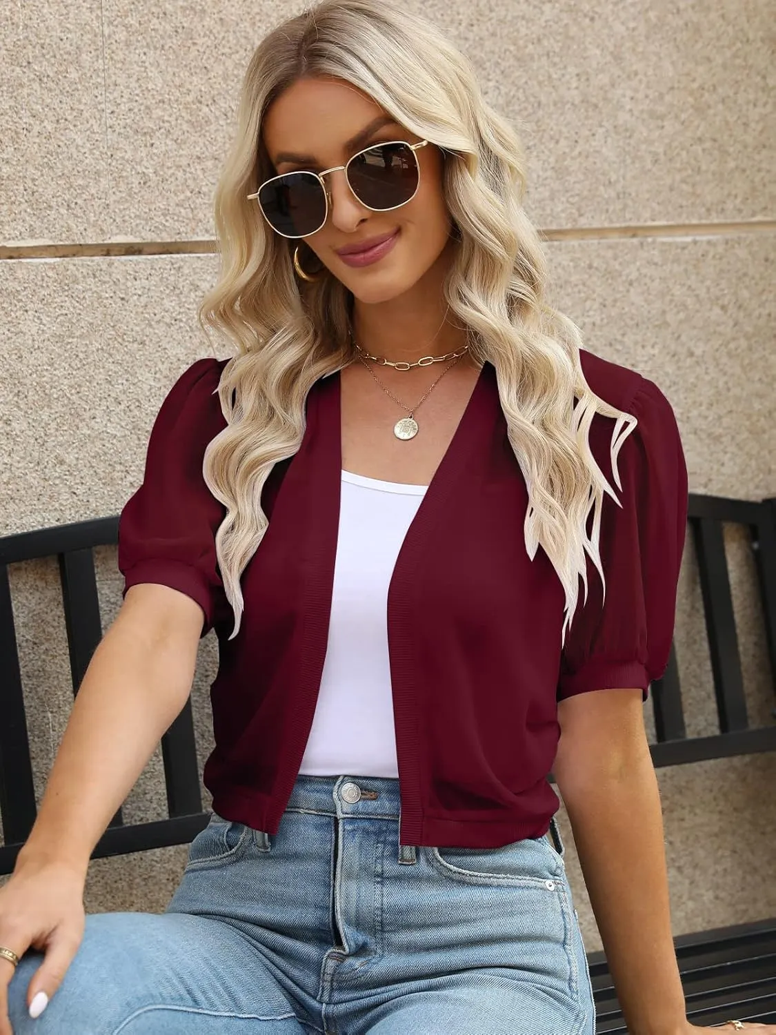 Women Summer Open Front Sheer Short Sleeve Ruffle Cropped Chiffon Capes Bolero Shrug Cardigan