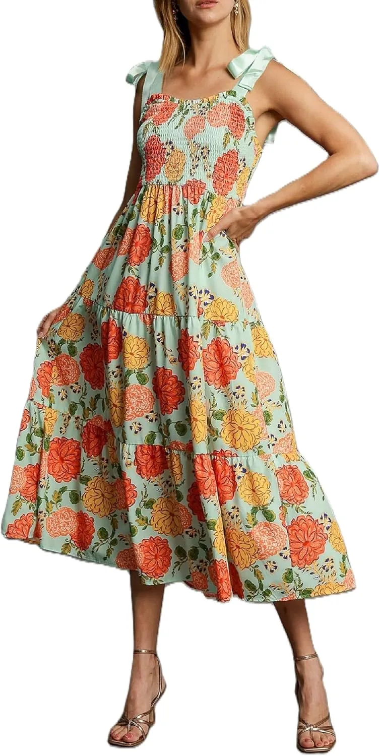 Women Y2K Tie Shoulder Maxi Dress Boho Floral Flowy Tiered Long Dress Ruffle Backless Sundress Summer Beach Dresses