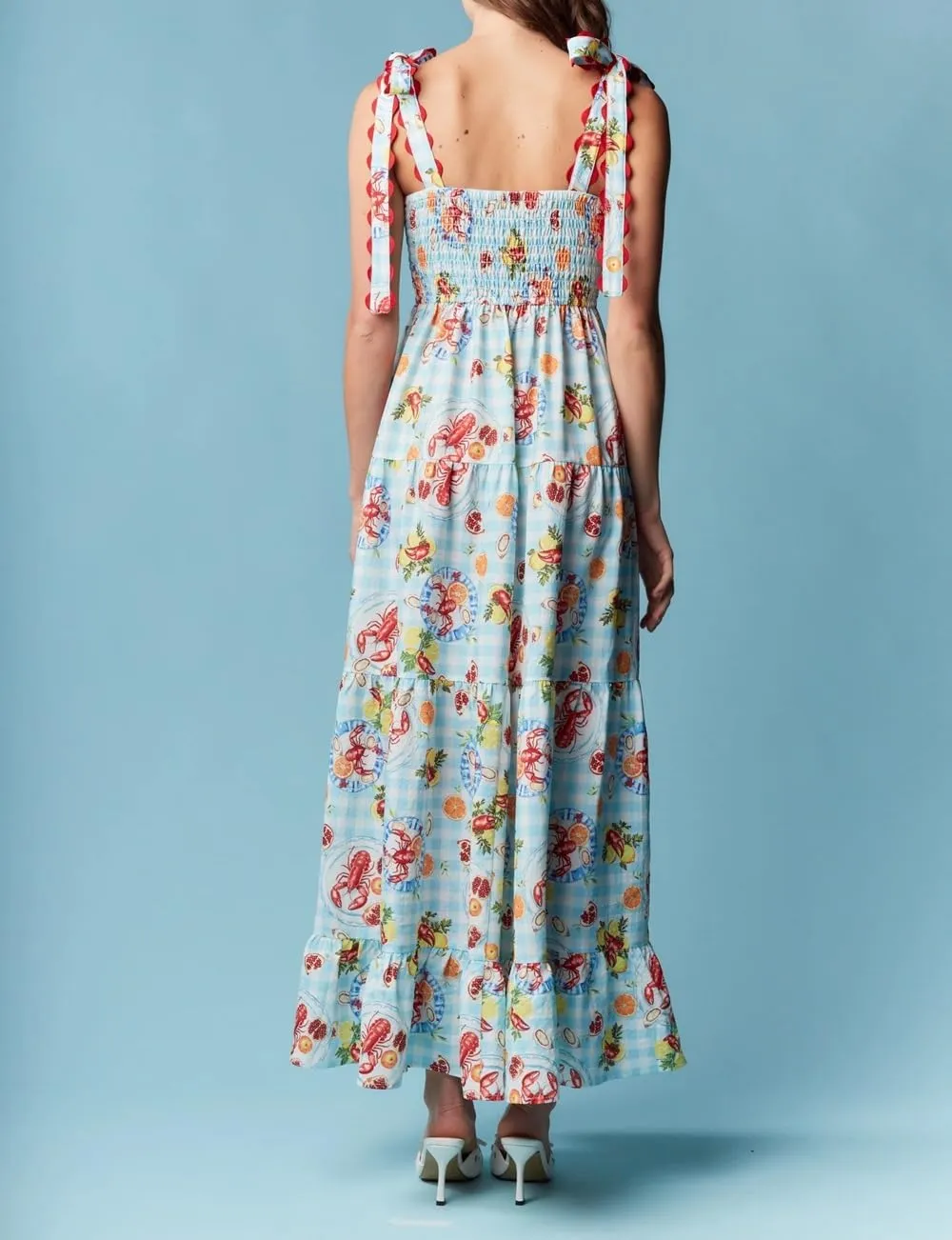 Women Y2K Tie Shoulder Maxi Dress Boho Floral Flowy Tiered Long Dress Ruffle Backless Sundress Summer Beach Dresses