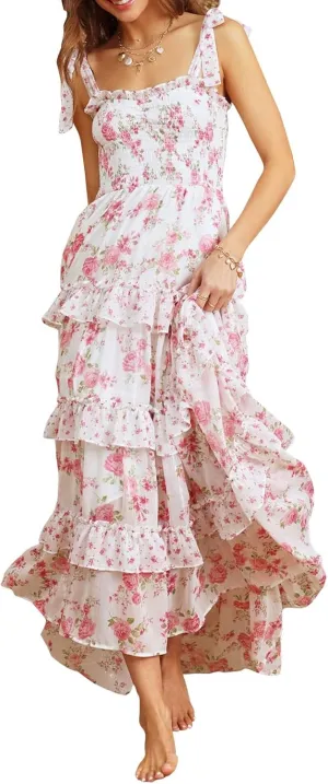 Women Y2K Tie Shoulder Maxi Dress Boho Floral Flowy Tiered Long Dress Ruffle Backless Sundress Summer Beach Dresses