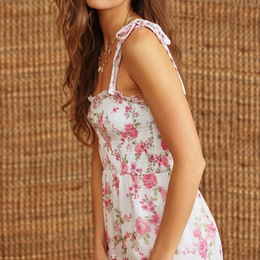 Women Y2K Tie Shoulder Maxi Dress Boho Floral Flowy Tiered Long Dress Ruffle Backless Sundress Summer Beach Dresses