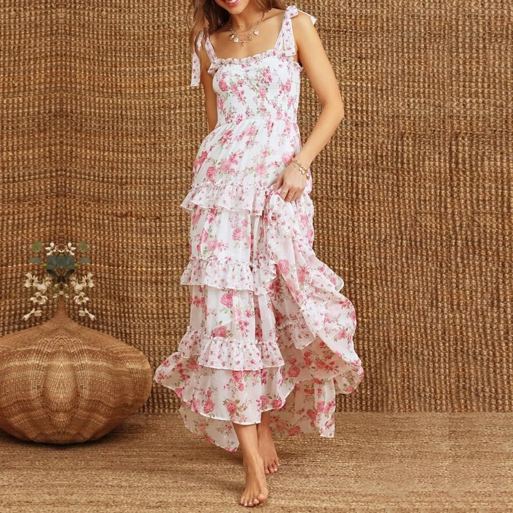 Women Y2K Tie Shoulder Maxi Dress Boho Floral Flowy Tiered Long Dress Ruffle Backless Sundress Summer Beach Dresses
