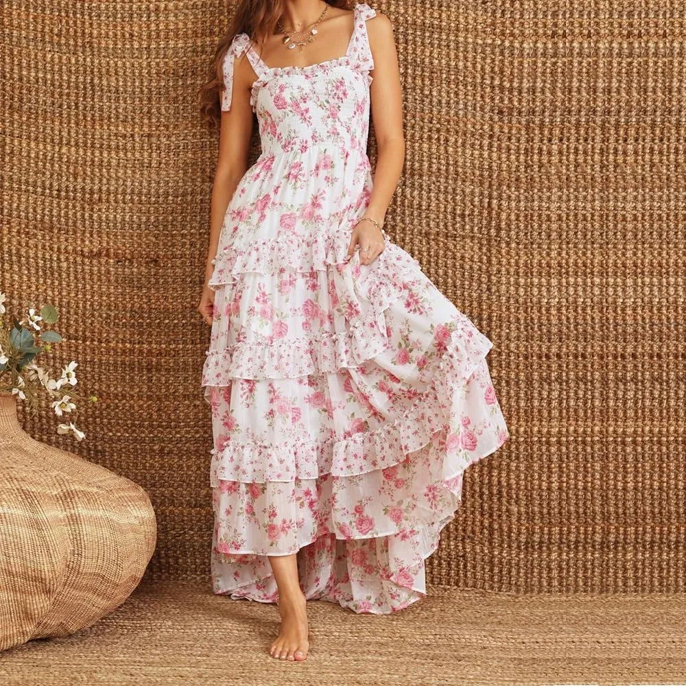 Women Y2K Tie Shoulder Maxi Dress Boho Floral Flowy Tiered Long Dress Ruffle Backless Sundress Summer Beach Dresses