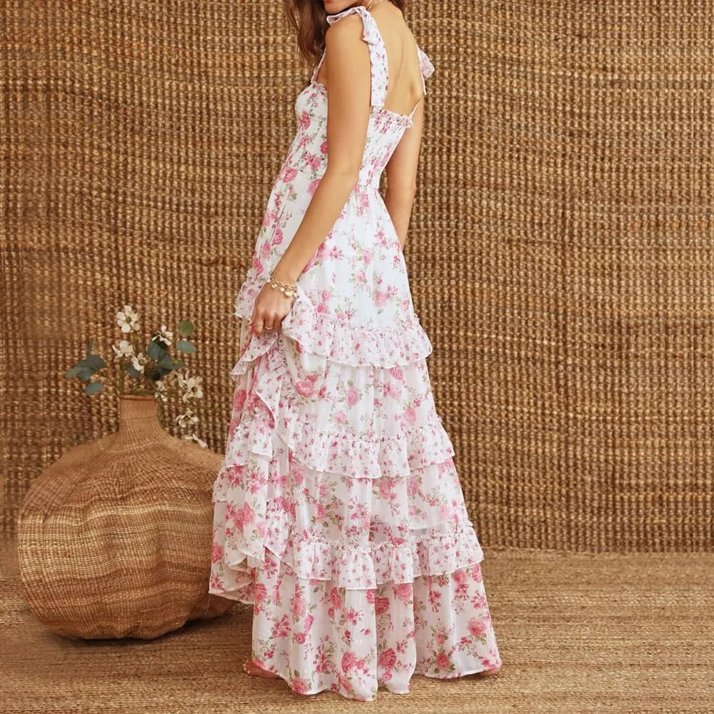 Women Y2K Tie Shoulder Maxi Dress Boho Floral Flowy Tiered Long Dress Ruffle Backless Sundress Summer Beach Dresses