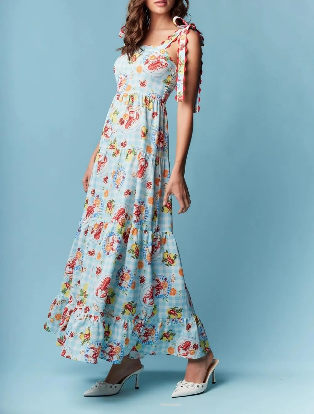 Women Y2K Tie Shoulder Maxi Dress Boho Floral Flowy Tiered Long Dress Ruffle Backless Sundress Summer Beach Dresses