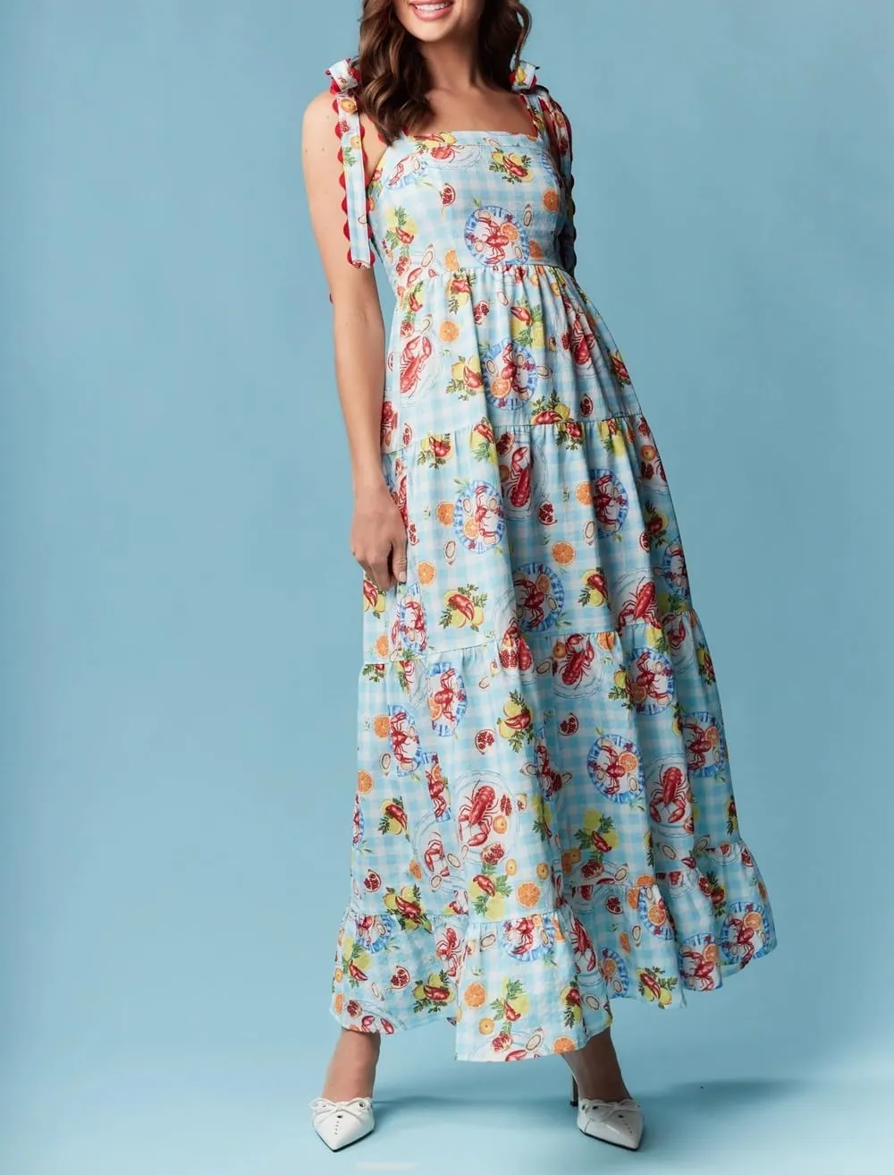 Women Y2K Tie Shoulder Maxi Dress Boho Floral Flowy Tiered Long Dress Ruffle Backless Sundress Summer Beach Dresses