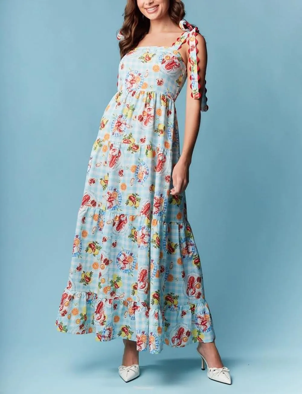 Women Y2K Tie Shoulder Maxi Dress Boho Floral Flowy Tiered Long Dress Ruffle Backless Sundress Summer Beach Dresses