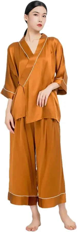 Womens 19Mm Mulberry Silk Pajama Set Satin Silk Kimono Robe and Wide Leg Pants Set Loungewear (Orange Medium)