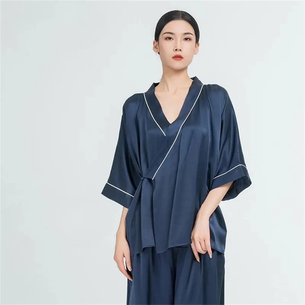Womens 19Mm Mulberry Silk Pajama Set Satin Silk Kimono Robe and Wide Leg Pants Set Loungewear (Orange Medium)