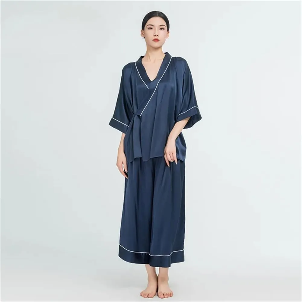 Womens 19Mm Mulberry Silk Pajama Set Satin Silk Kimono Robe and Wide Leg Pants Set Loungewear (Orange Medium)