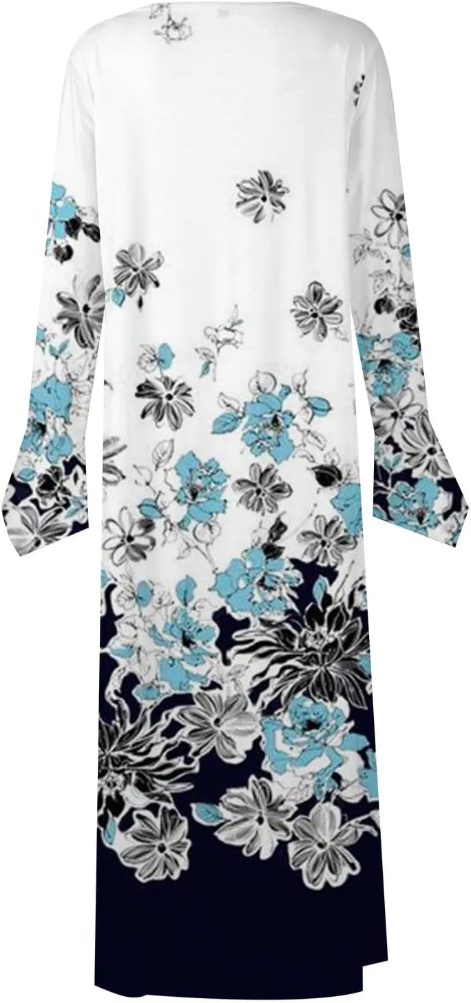 Women's 2023 Fall Plus Size Long Sleeve 1/4 Button V Neck Smocked Boho Floral Midi Dress with Pockets