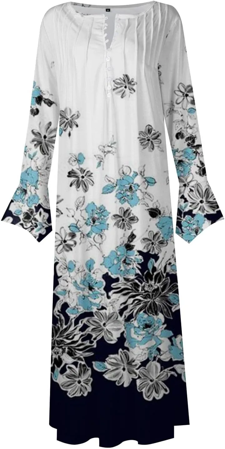 Women's 2023 Fall Plus Size Long Sleeve 1/4 Button V Neck Smocked Boho Floral Midi Dress with Pockets