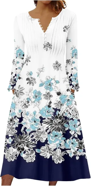Women's 2023 Fall Plus Size Long Sleeve 1/4 Button V Neck Smocked Boho Floral Midi Dress with Pockets