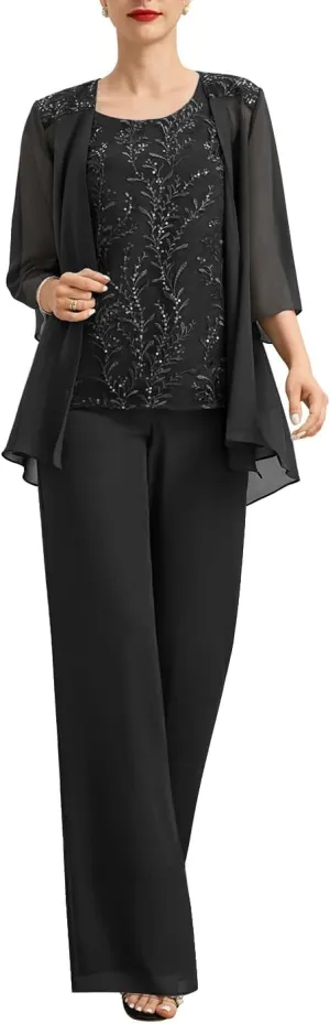 Women's 3 Pieces Chiffon Pant Suits Long Mother of The Bride Dresses Appliques Lace Mother of The Groom Dress