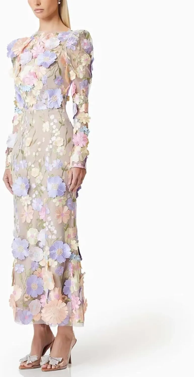 Women's 3D Floral Embroidery Mermaid Prom Dress Long Sleeve Lace Bodycon Party Cocktail Mini Dress