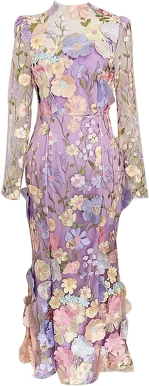 Women's 3D Floral Embroidery Mermaid Prom Dress Long Sleeve Lace Bodycon Party Cocktail Mini Dress