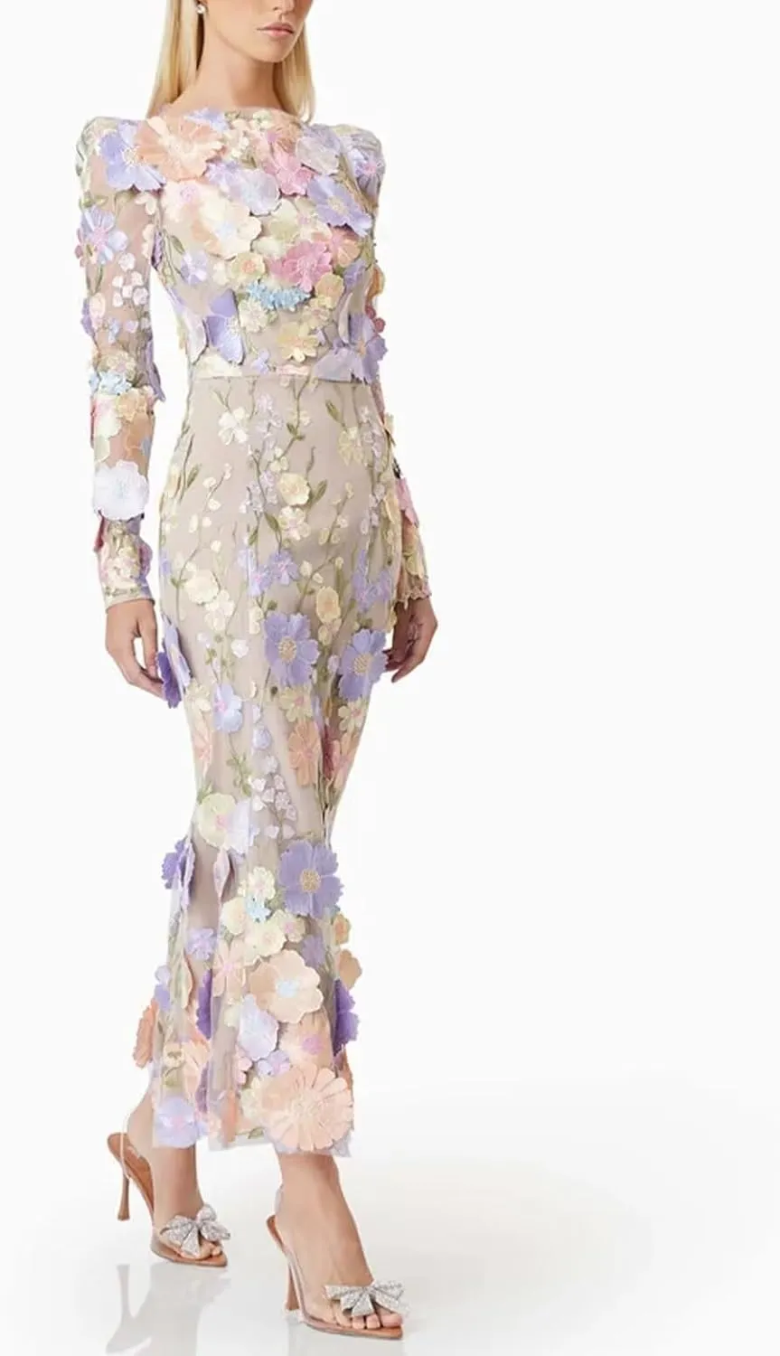 Women's 3D Floral Embroidery Mermaid Prom Dress Long Sleeve Lace Bodycon Party Cocktail Mini Dress