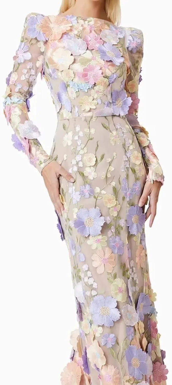 Women's 3D Floral Embroidery Mermaid Prom Dress Long Sleeve Lace Bodycon Party Cocktail Mini Dress