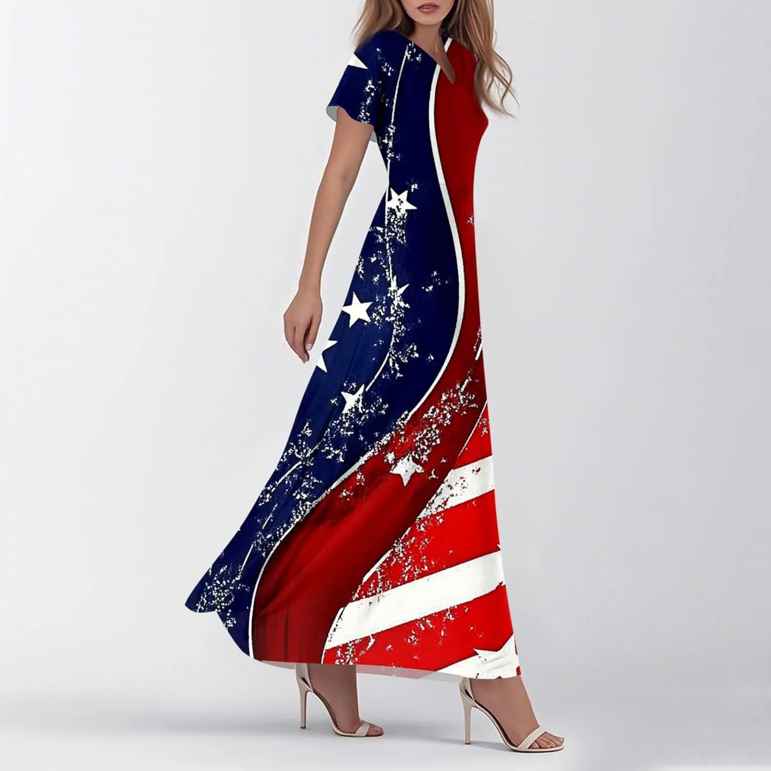 Women's Boho Summer Dresses Casual V-Neck Short Sleeve Maxi Dress High Waist Big Swing Loose Long Beach Sundress